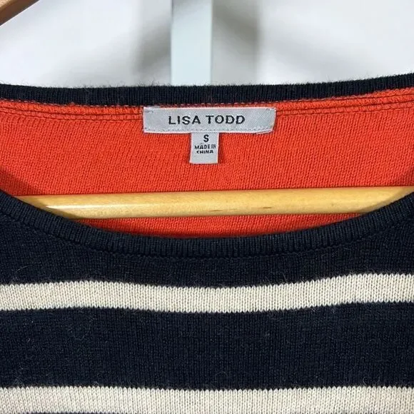 LISA TODD Women’s Cotton/Cashmere Blend Heart/Striped Sweater Black/White Small - Picture 3 of 10